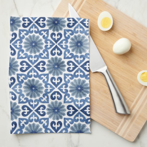 Blue  White Floral Moroccan Tile Pattern  Kitchen Towel