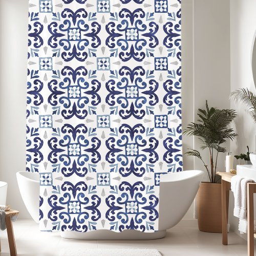 Blue  White Floral Moroccan Tile Pattern Shower Curtain