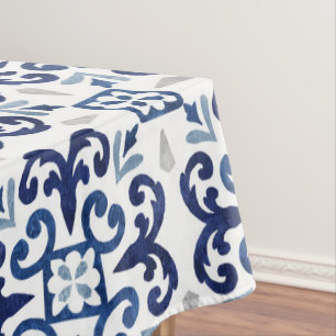 Blue & White Floral Moroccan Tile Pattern Tablecloth