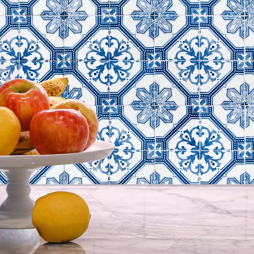 Blue White Floral Mosaic Tile Pattern Peel Stick Wallpaper