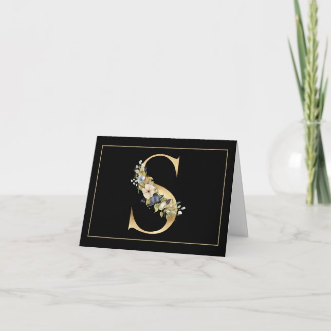 BLUE & WHITE FLORAL ON GOLD MONOGRAM S NOTE CARD (Front)