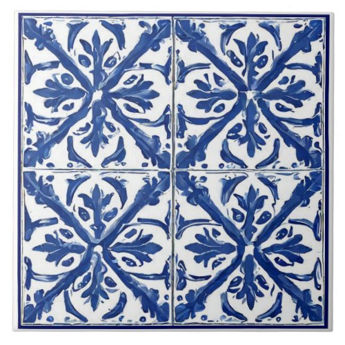 Blue white floral painted Mediterranean vacation Ceramic Tile