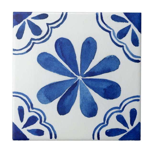 Blue & White Floral Pattern Mediterranean Ceramic Tile (Front)