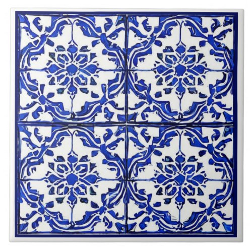 Blue white floral pattern Mediterranean inspired Ceramic Tile