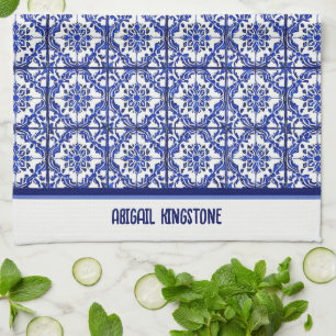 Blue white floral pattern Mediterranean inspired Kitchen Towel
