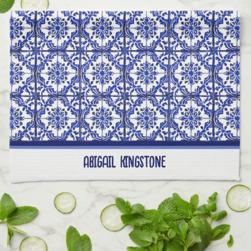 Blue white floral pattern Mediterranean inspired  Kitchen Towel