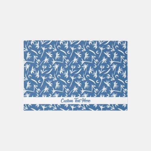 Blue White Floral Pattern Personalized Text  Rug