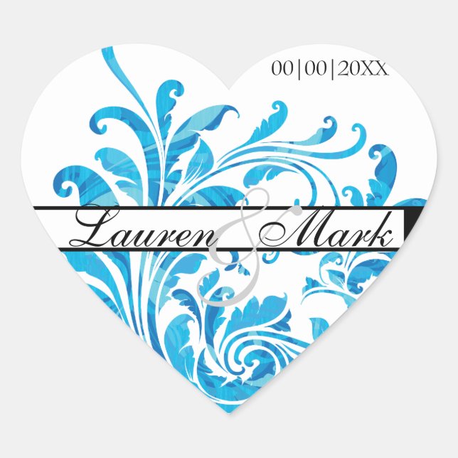 Blue White Floral Pattern Save the Date Heart Sticker (Front)