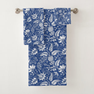 Blue White Floral Pattern with Paisley Element  Bath Towel Set