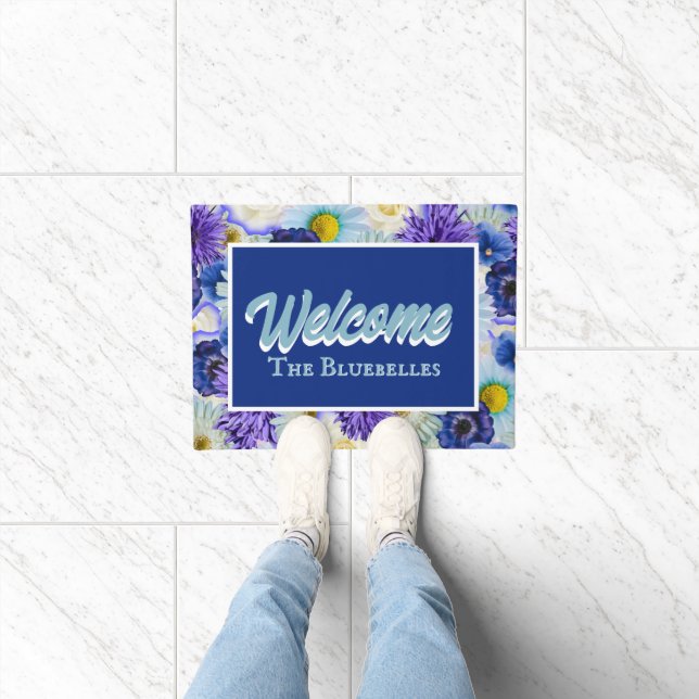 Blue & White Floral Personalized Entry Way Welcome Doormat (Indoor)