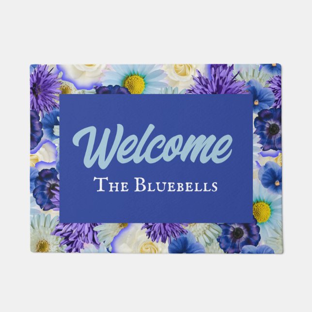 Blue & White Floral Personalized Entry Way Welcome Doormat (Front)