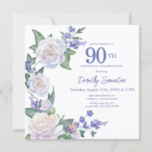 Blue White Floral Photo 90th Birthday Square Invitation