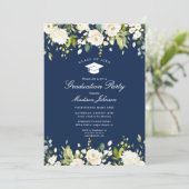 Blue White Floral Photo Graduation Party Invitation (Standing Front)