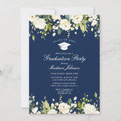 Blue White Floral Photo Graduation Party Invitation (Front)