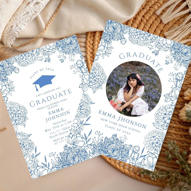 Blue White Floral Photo Graduation Party Invitation (Creator Uploaded)
