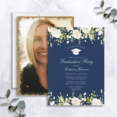 Blue White Floral Photo Graduation Party Invitation