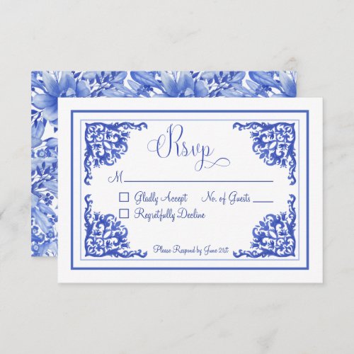 Blue  White Floral Porcelain Wedding RSVP Card