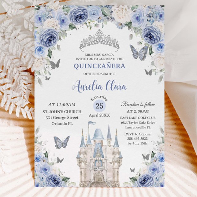 Blue White Floral Princess Castle Quinceañera XV  Invitation (light-dusty-blue-white-floral-princess-castle-fairytale-silver-Quinceañera-sweet-16-birthday-invite)