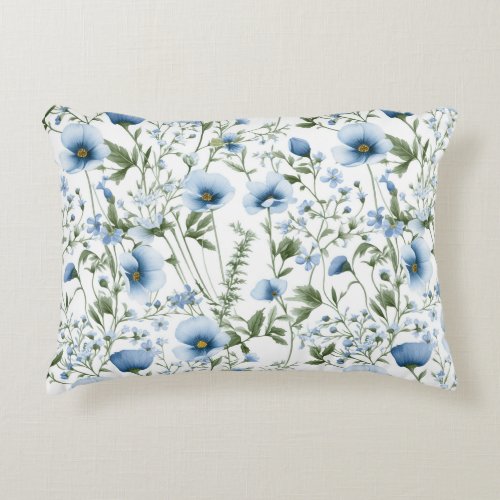 Blue  White Floral Print Accent Pillow