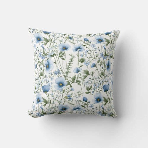 Blue  White Floral Print Throw Pillow