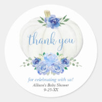 Blue white floral pumpkin boy baby shower classic round sticker