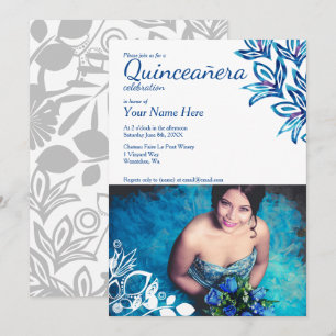Blue & White Floral Quinceañera Photo Invitation