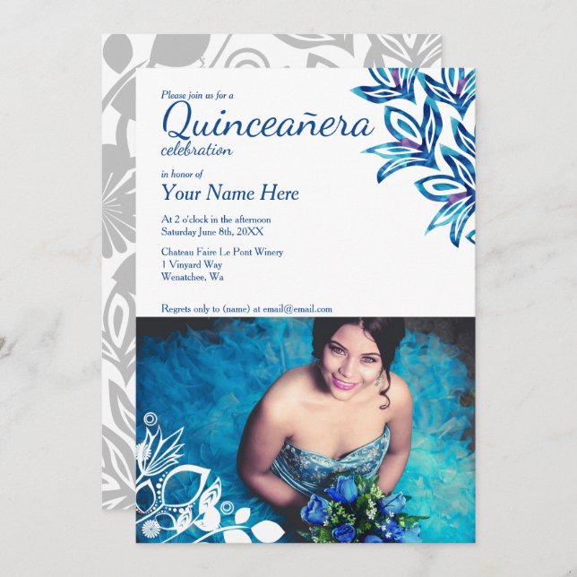 Blue & White Floral Quinceañera Photo Invitation (Front/Back)
