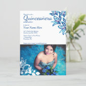 Blue & White Floral Quinceañera Photo Invitation (Standing Front)