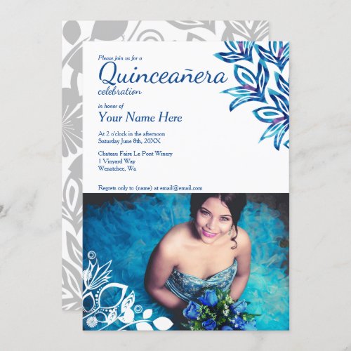 Blue  White Floral Quinceaera Photo Invitation