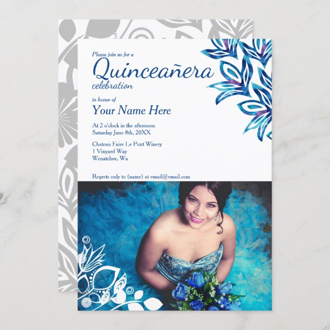Blue & White Floral Quinceañera Photo Invitation (Front/Back)