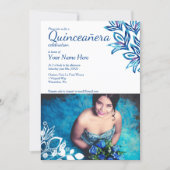 Blue & White Floral Quinceañera Photo Invitation (Front)