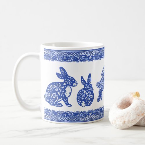 Blue  White Floral Rabbits Bunnies Cute Whimsical Coffee Mug
