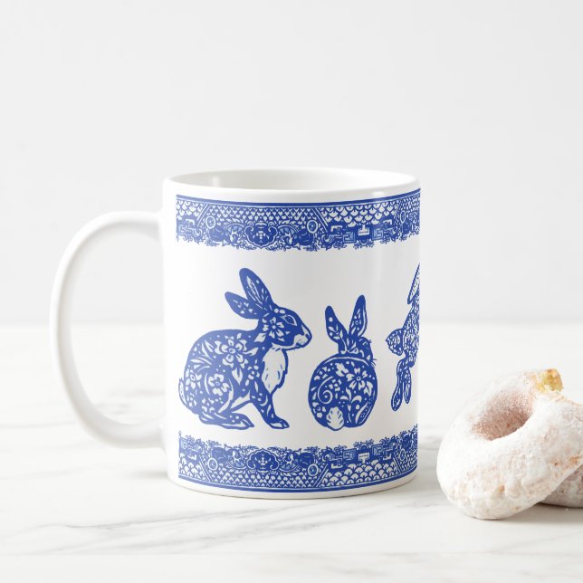 Blue & White Floral Rabbits Bunnies Cute Whimsical Coffee Mug (With Donut)