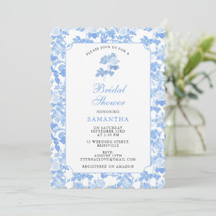 Blue White Floral Roses Chinoiserie Bridal Shower  Invitation