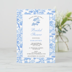 Blue White Floral Roses Chinoiserie Bridal Shower  Invitation