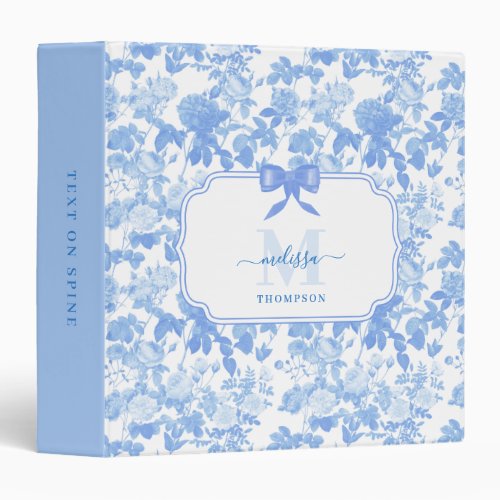 Blue White Floral Roses French Chinoiserie Pattern 3 Ring Binder
