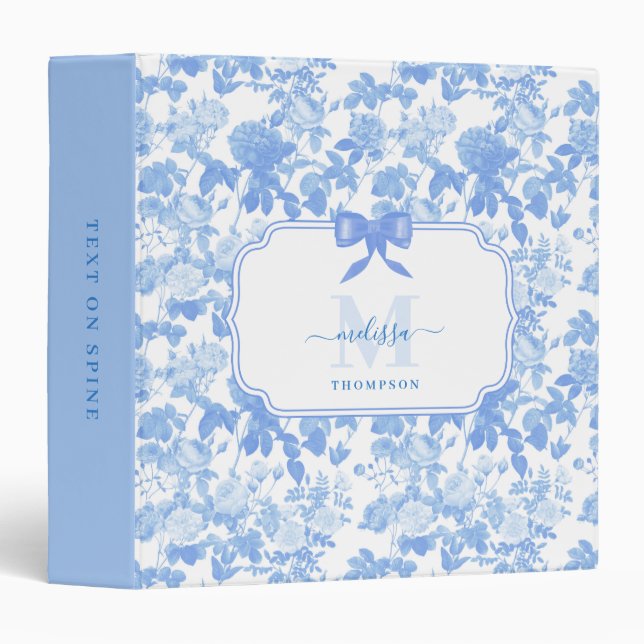 Blue White Floral Roses French Chinoiserie Pattern 3 Ring Binder (Front/Spine)