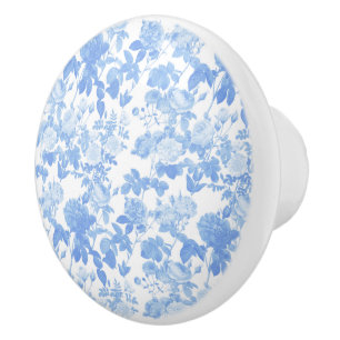 Blue White Floral Roses French Chinoiserie Pattern Ceramic Knob
