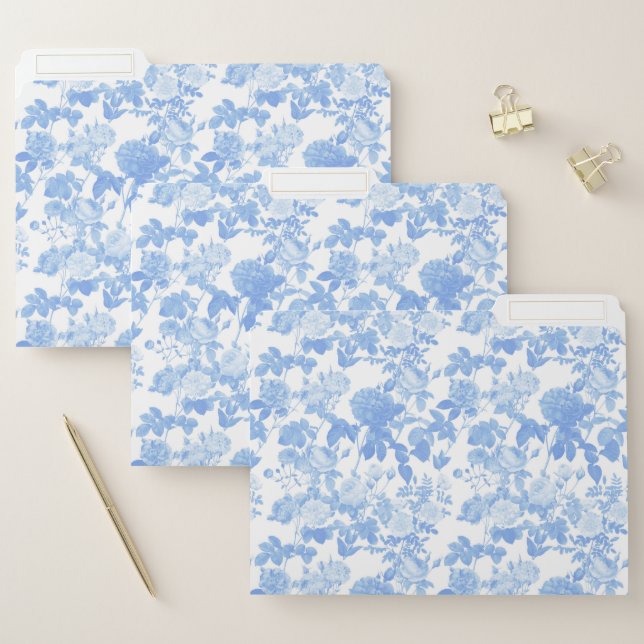 Blue White Floral Roses French Chinoiserie Pattern File Folder (Set)