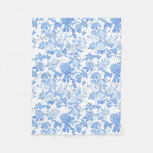 Blue White Floral Roses French Chinoiserie Pattern Fleece Blanket