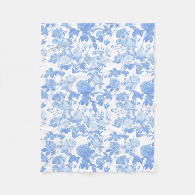 Blue White Floral Roses French Chinoiserie Pattern Fleece Blanket (Front)