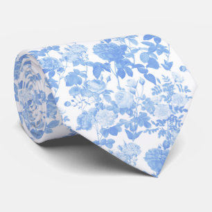 Blue White Floral Roses French Chinoiserie Pattern Neck Tie