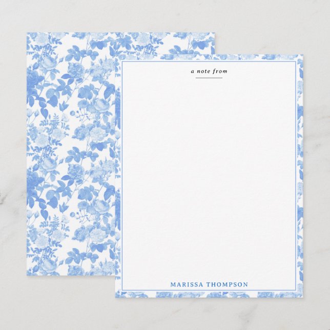 Blue White Floral Roses French Chinoiserie Pattern Note Card (Front/Back)
