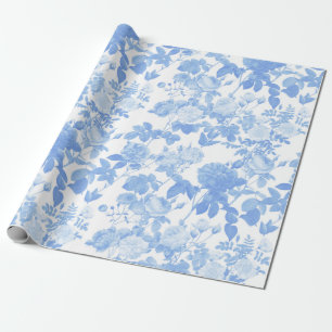 Blue White Floral Roses French Chinoiserie Pattern Wrapping Paper