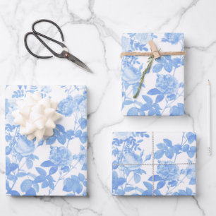 Blue White Floral Roses French Chinoiserie Pattern Wrapping Paper Sheets