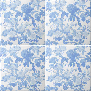 Blue White Floral Roses French Pattern Ceramic Tile