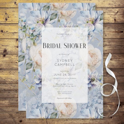 Blue  White Floral Rustic Romantic Bridal Shower Invitation
