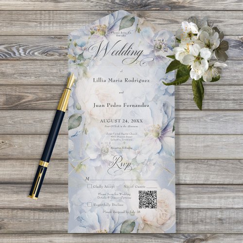 Blue  White Floral Rustic Romantic QR Code All In One Invitation