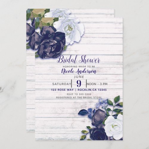 Blue  White Floral Rustic White Wood Shabby Chic Invitation
