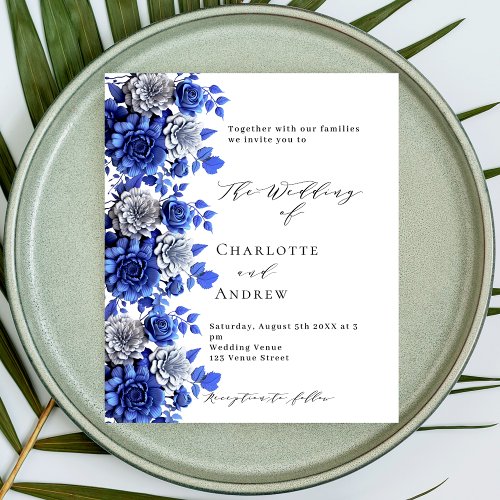 Blue white floral script budget wedding invitation